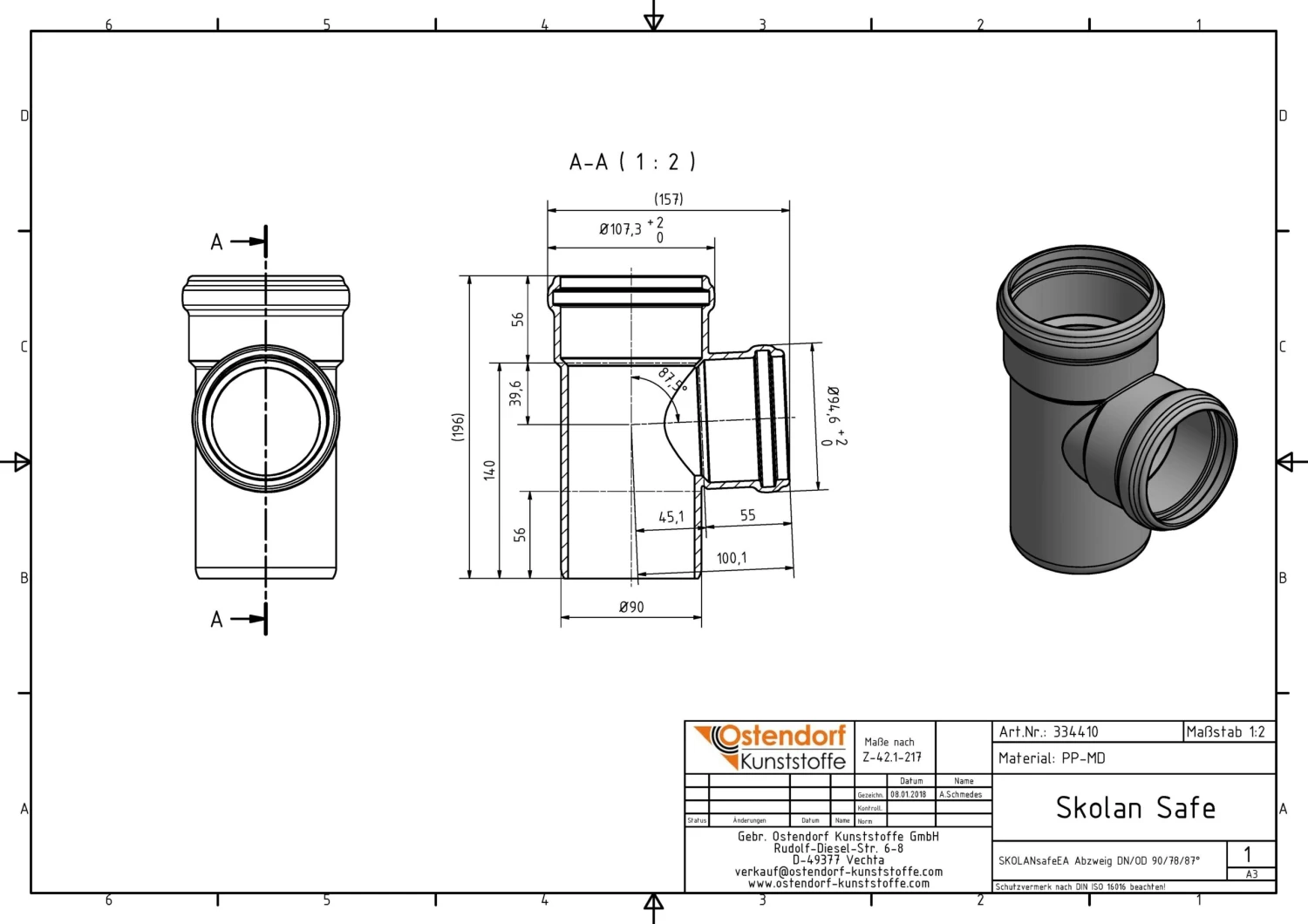 Ostendorf SKOLAN Safe SKOLANsafe-Abzweig 334410 DN/OD 90/78 X 87,5° 2 Ostendorf SKOLAN Safe SKOLANsafe-Abzweig 334410 DN/OD 90/78 X 87,5° – Bild 2